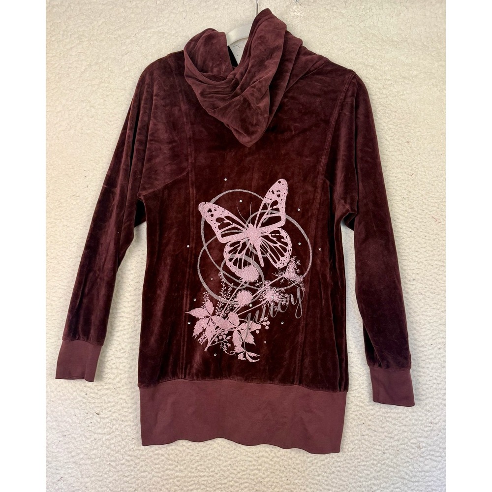 Vintage Juicy Couture M Burgandy Velour Track Jacket Hooded Butterfly Y2K